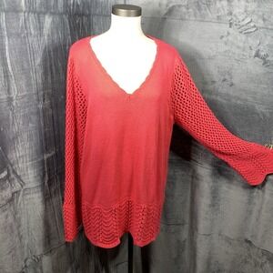 Womens Open Knit Crochet Sweater Size 1X 22/24 Red Flowy Sleeves Boho Pullover